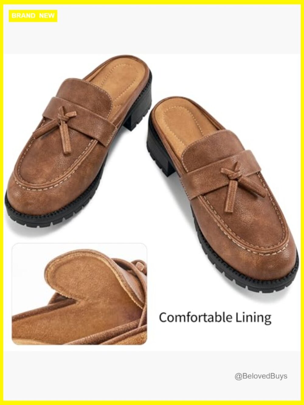 Womens Mules Loafers Slip On Platform Chunky Heel Tassel Work Shoes Office - Picture 5 of 7